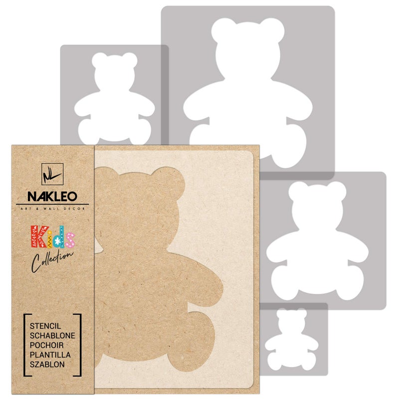 NAKLEO Painting Stencils Set for Nursery Room, 5 Pcs Templates 3.5" to 13.4" Teddy Bear Plush, Plastic and Reusable Drawing Stencils, Decor, Craft DIY Wall Furniture - Image 1